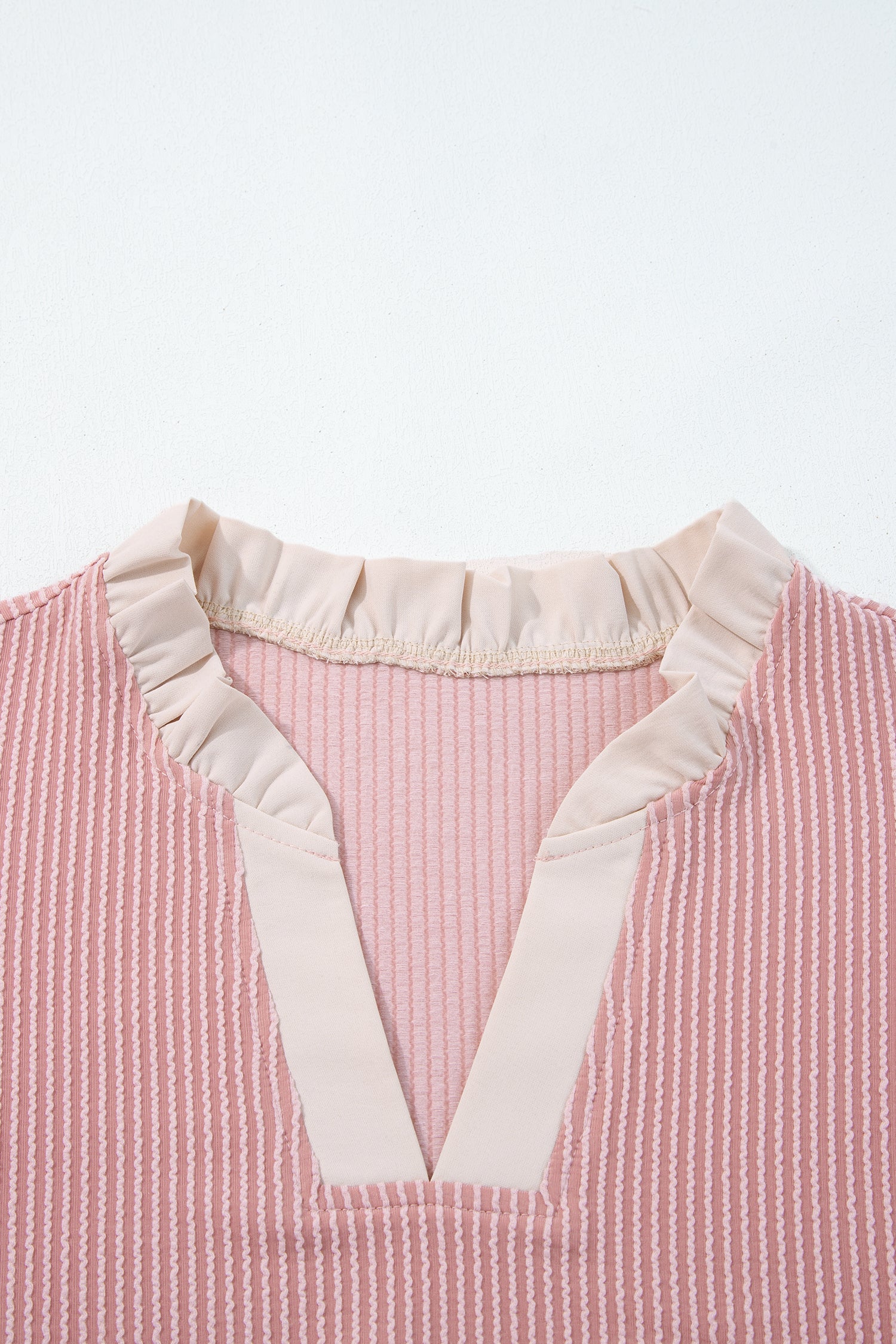 Fushia Plus Size Contrast Frilled Neckline Ruffled Short Sleeve Ribbed Textured Blouse-Plus Size/Plus Size Tops/Plus Size Blouses & Shirts-[Adult]-[Female]-2022 Online Blue Zone Planet