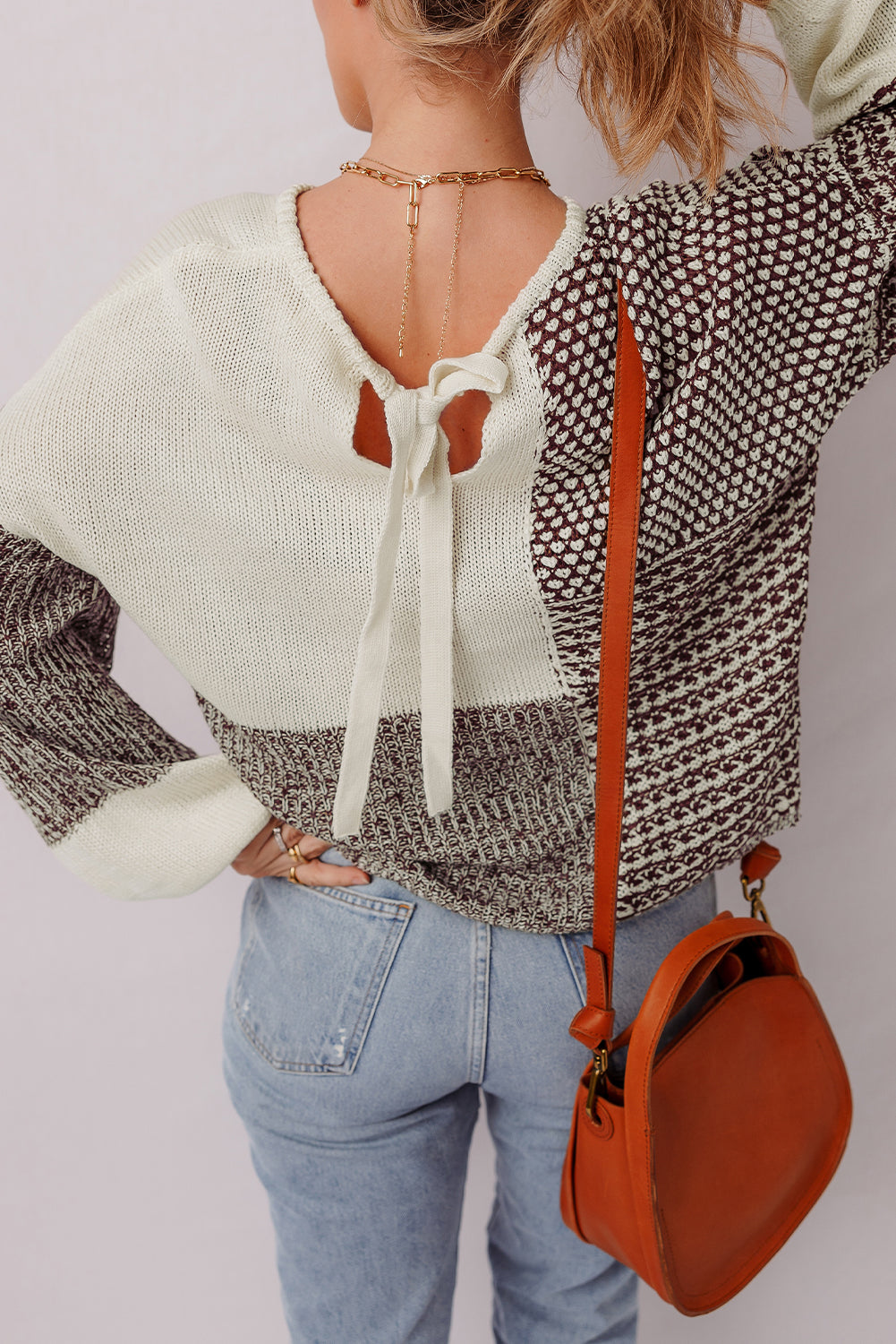 Dark Khaki Color Block Back Tie Drop Shoulder Loose Sweater-Sweaters & Cardigans/Sweaters-[Adult]-[Female]-2022 Online Blue Zone Planet