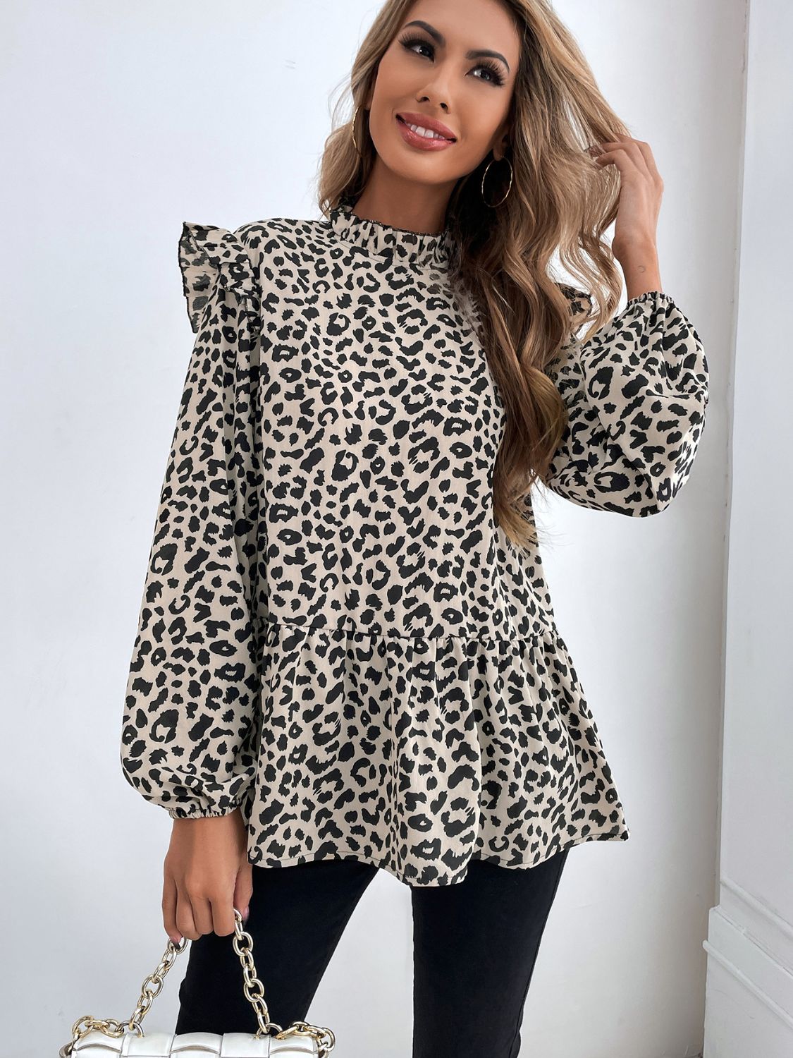 Ruffled Leopard Mock Neck Long Sleeve Blouse-TOPS / DRESSES-[Adult]-[Female]-Leopard-S-2022 Online Blue Zone Planet