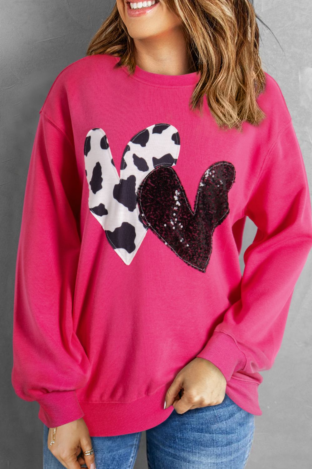 Heart Patch Long Sleeve Sweatshirt-TOPS / DRESSES-[Adult]-[Female]-Deep Rose-S-2022 Online Blue Zone Planet