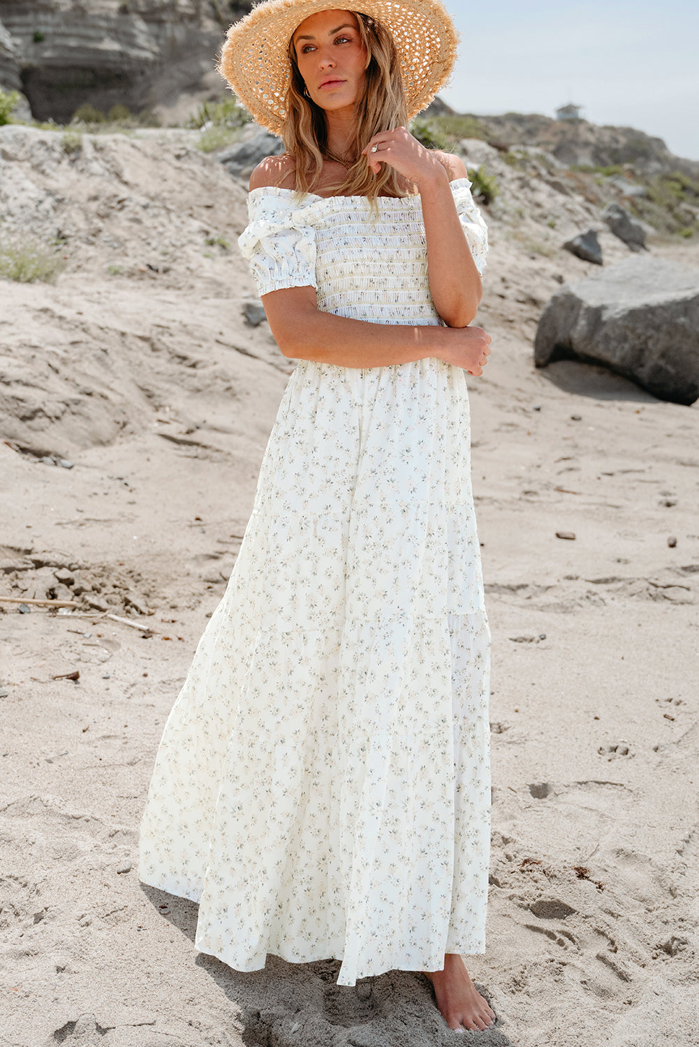 White Frilly Shirred Bodice Tiered Floral Maxi Dress Blue Zone Planet