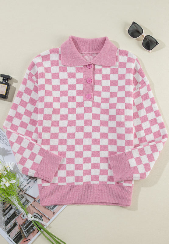 Checkered Collared Neck Long Sleeve Sweater-TOPS / DRESSES-[Adult]-[Female]-2022 Online Blue Zone Planet