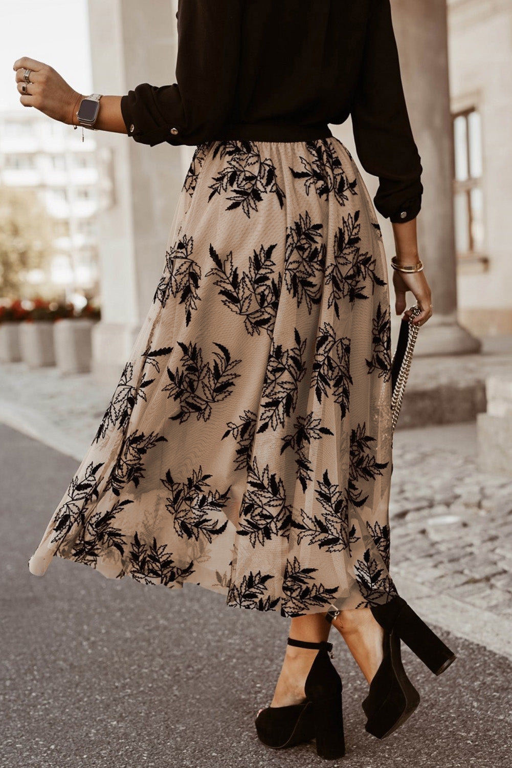 Gold Flame Floral Leaves Embroidered High Waist Maxi Skirt-Skirts-[Adult]-[Female]-2022 Online Blue Zone Planet