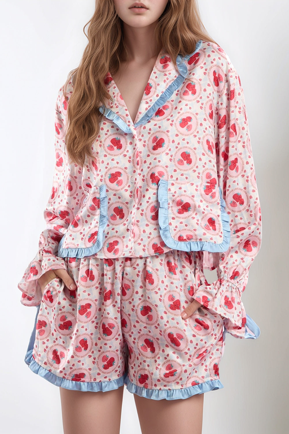 Valentine’s Day Frill Strawberry Print Flounce Sleeve Top and Shorts Lounge Set-TOPS / DRESSES-[Adult]-[Female]-Blush Pink-S-2022 Online Blue Zone Planet