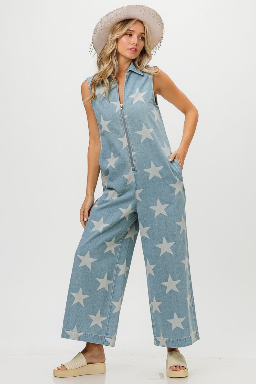 BiBi Star Print Half Zip Sleeveless Denim Jumpsuit-TOPS / DRESSES-[Adult]-[Female]-2022 Online Blue Zone Planet