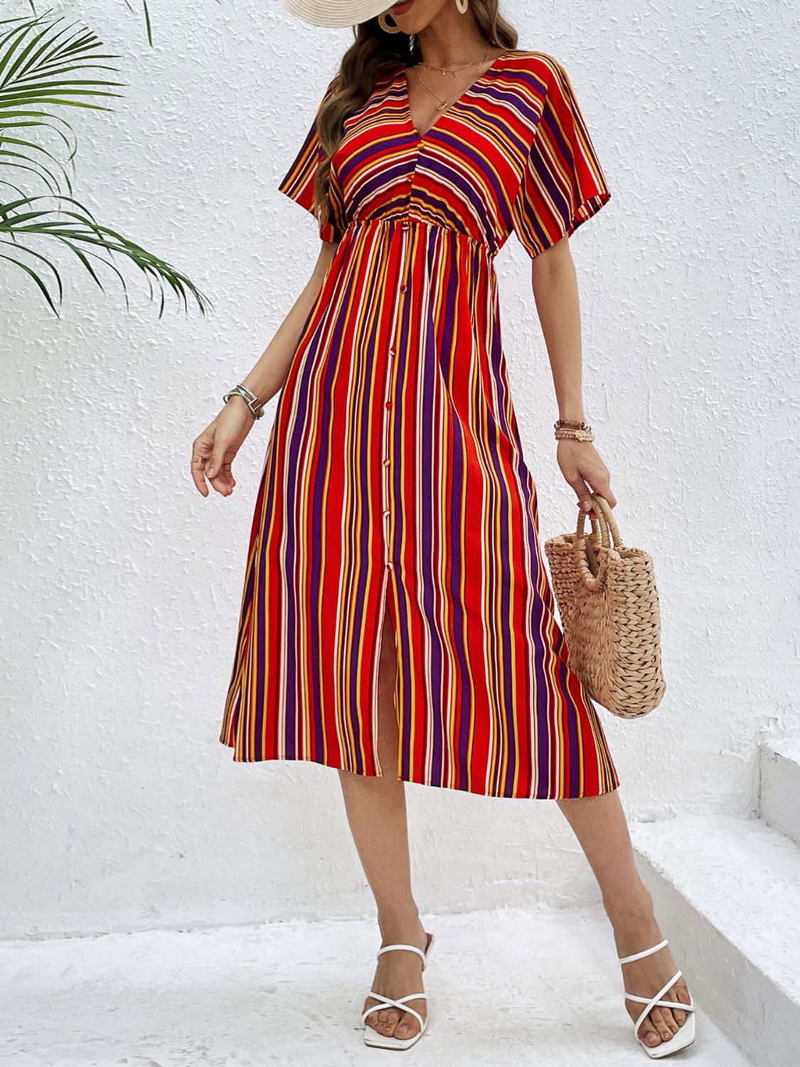 Slit Striped V-Neck Short Sleeve Midi Dress Scarlet / L