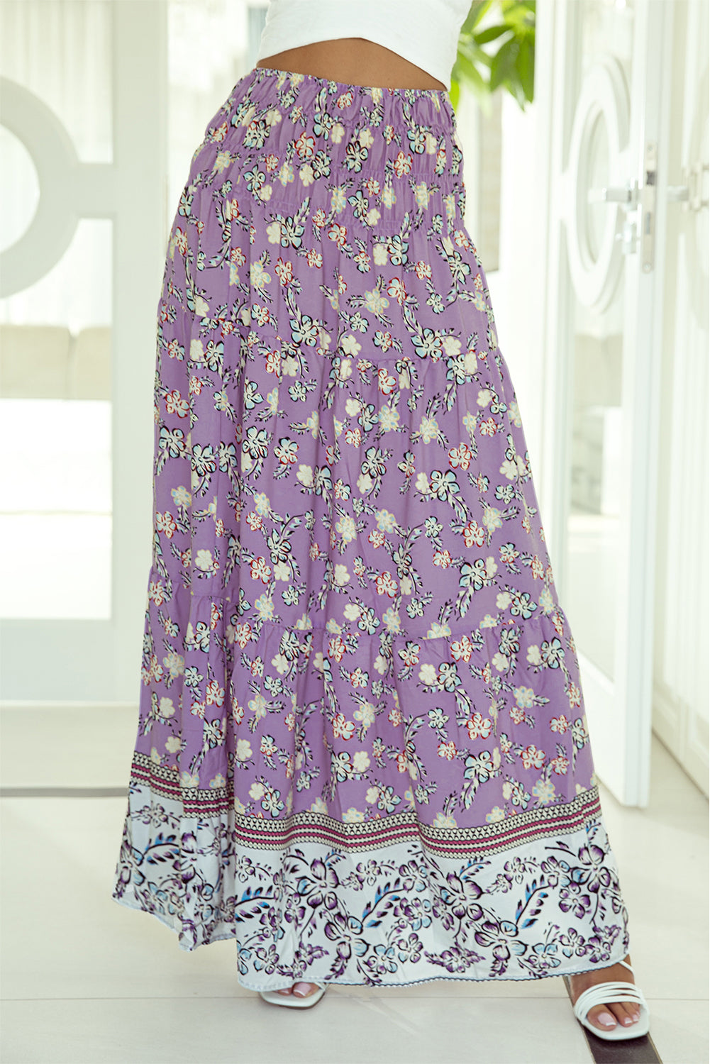 Blue Zone Planet | Purple Floral Print Shirred High Waist Maxi Skirt-Bottoms/Skirts & Petticoat-[Adult]-[Female]-Purple-S-2022 Online Blue Zone Planet