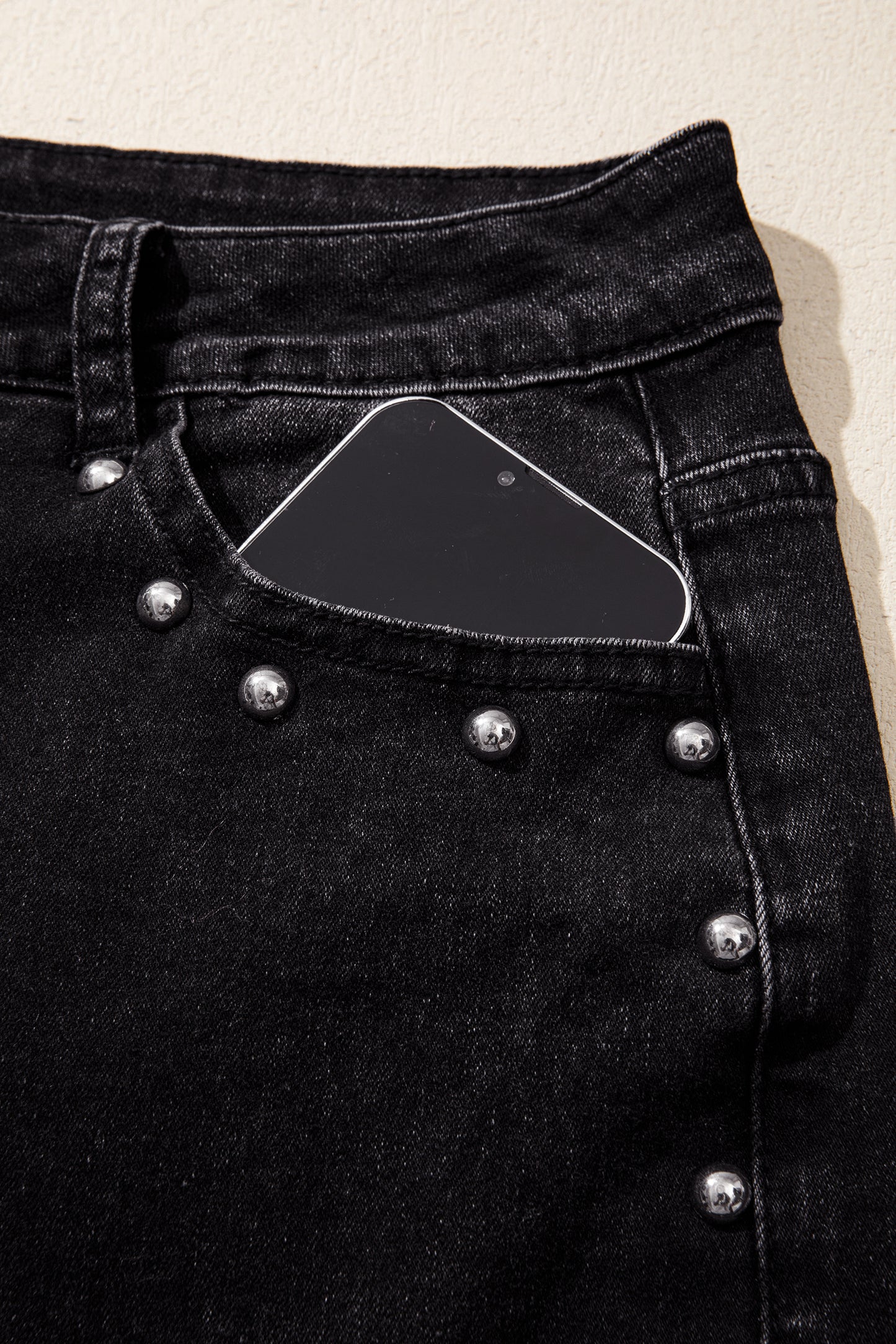 Black Studded Detail Straight Leg Casual Loose Jeans-Bottoms/Jeans-[Adult]-[Female]-2022 Online Blue Zone Planet