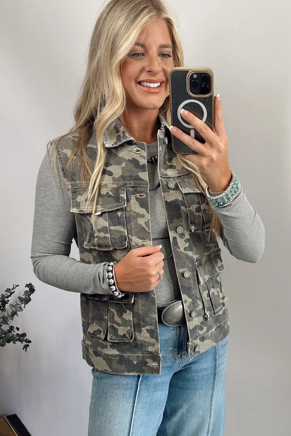 Green Camo Cargo Denim Vest-Outerwear/Vests-[Adult]-[Female]-2022 Online Blue Zone Planet