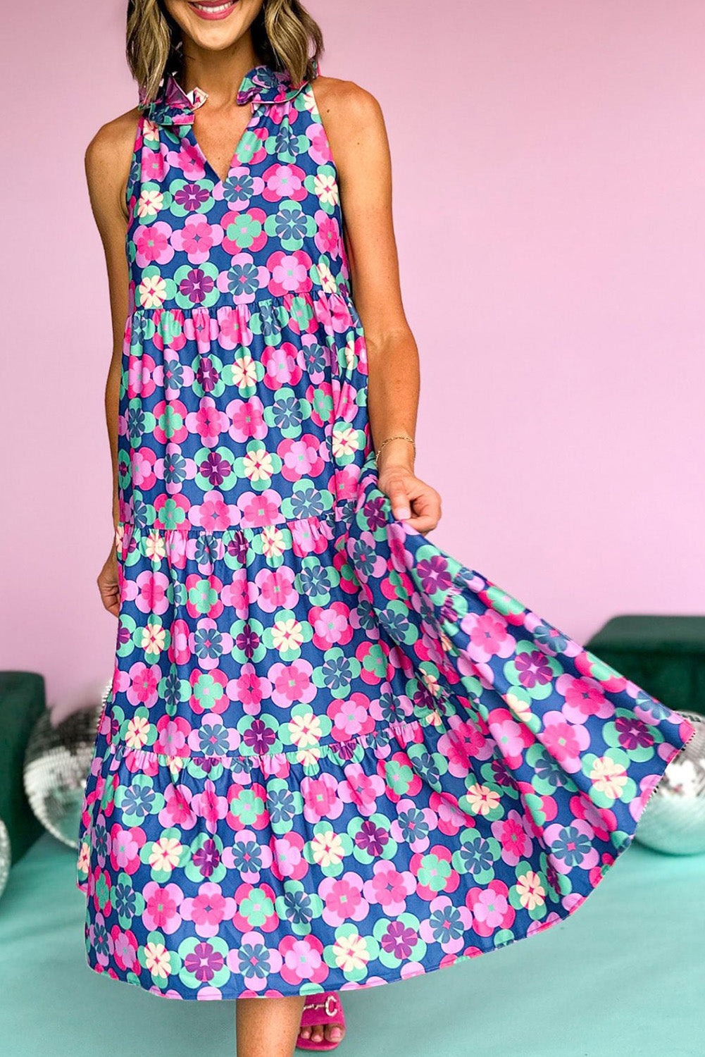 Blue Zone Planet | Blue Floral Print Frilly Neck Sleeveless Tiered Maxi Dress-TOPS / DRESSES-[Adult]-[Female]-Blue-S-2022 Online Blue Zone Planet