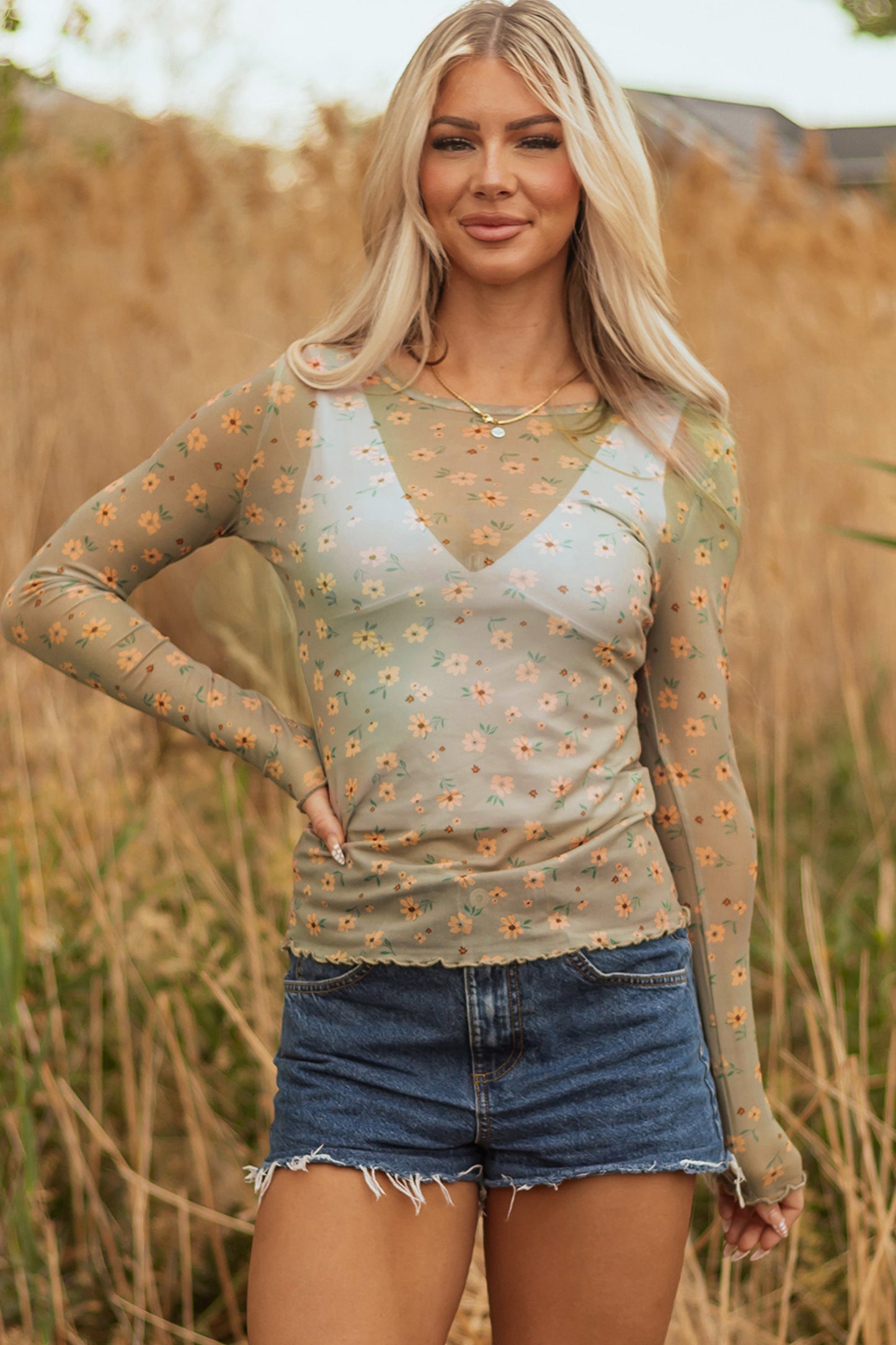 Laurel Green Vintage Floral Print Southern Style Mesh Long Sleeve Top-Tops/Long Sleeve Tops-[Adult]-[Female]-2022 Online Blue Zone Planet