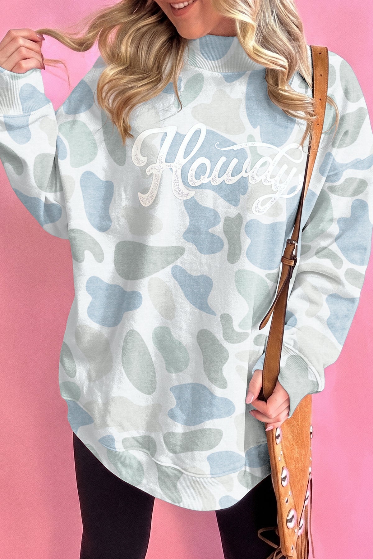 Pink Camo Print Howdy Western Style Baggy Pullover Sweatshirt