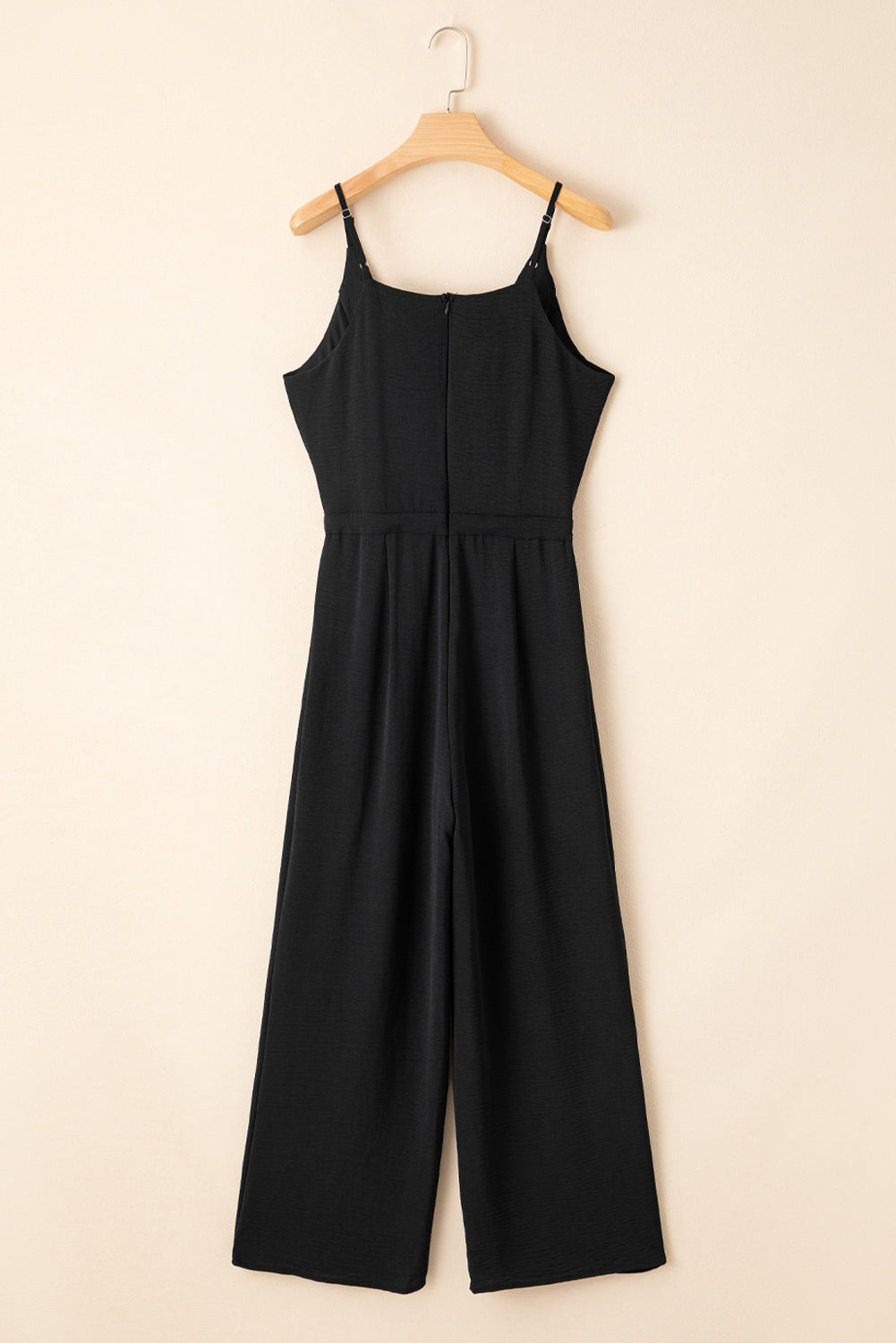 Black Solid Spaghetti Strap Wide Leg Drawstring High Waist Jumpsuit-Bottoms/Jumpsuits & Rompers-[Adult]-[Female]-2022 Online Blue Zone Planet