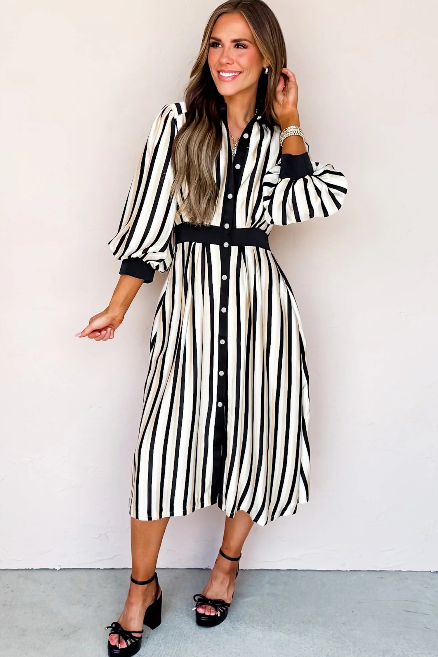 Black Stripe 3/4 Puff Sleeve Shirt Style Button Down Midi Dress-TOPS / DRESSES-[Adult]-[Female]-2022 Online Blue Zone Planet