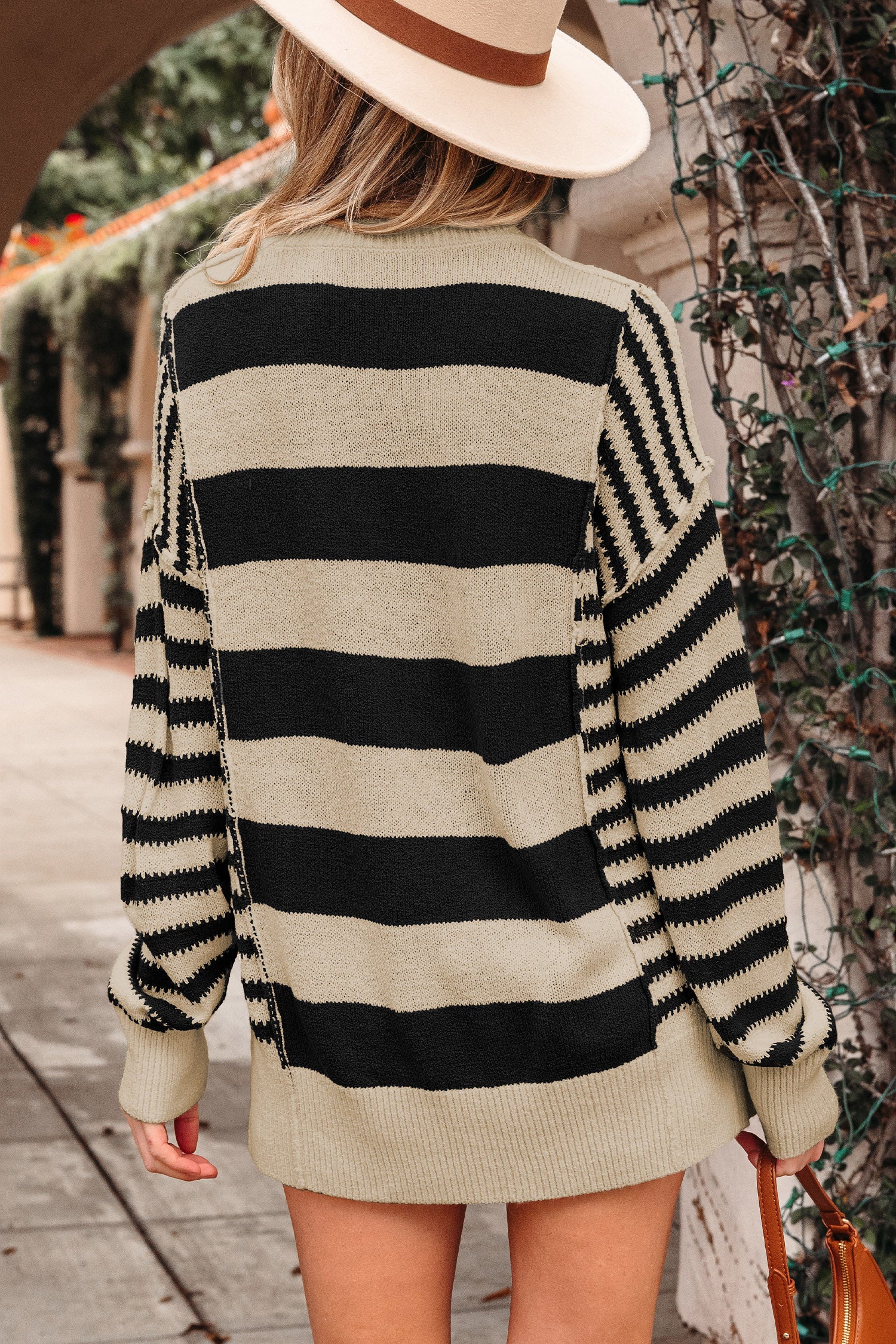 Brown Stripe Drop Shoulder Sleeve Patchwork Baggy Sweater-TOPS / DRESSES-[Adult]-[Female]-2022 Online Blue Zone Planet