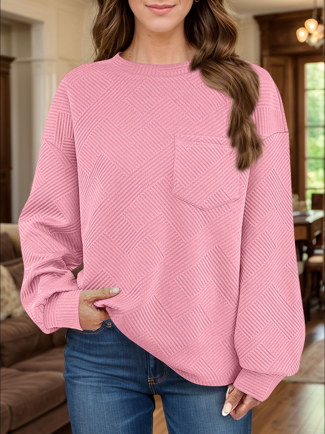 Full Size Texture Round Neck Long Sleeve Sweatshirt-TOPS / DRESSES-[Adult]-[Female]-2022 Online Blue Zone Planet