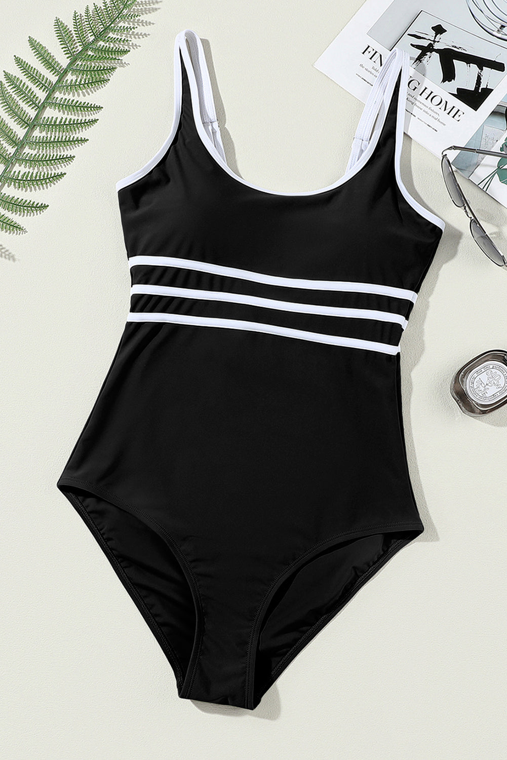 Blue Zone Planet |  Black Contrast Trim Colorblock U Neck One Piece Swimwear Blue Zone Planet