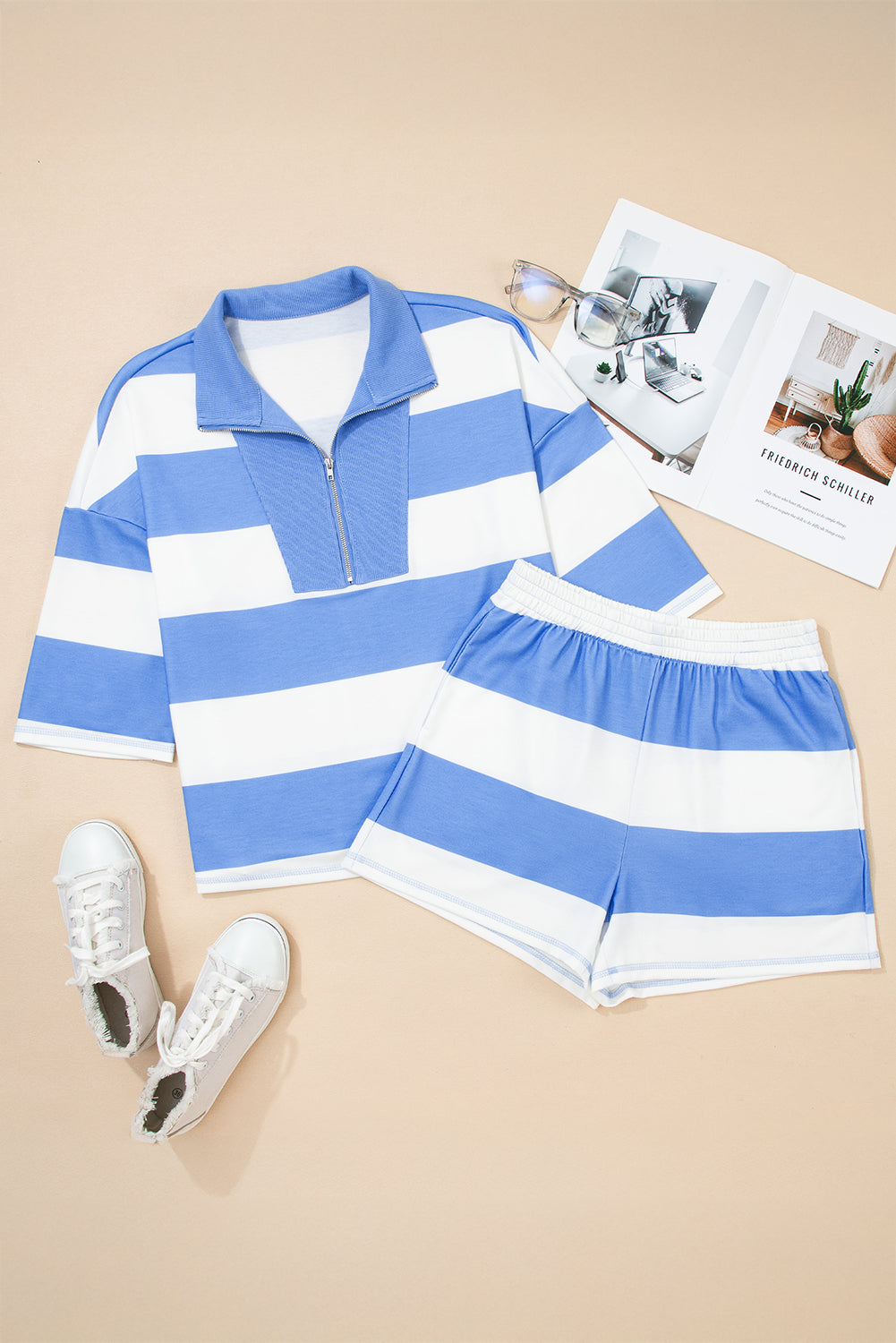 Sky Blue Stripe Seam Detail Half Zip Oversize Tee Casual Shorts 2pcs Set-Two Piece Sets/Short Sets-[Adult]-[Female]-2022 Online Blue Zone Planet