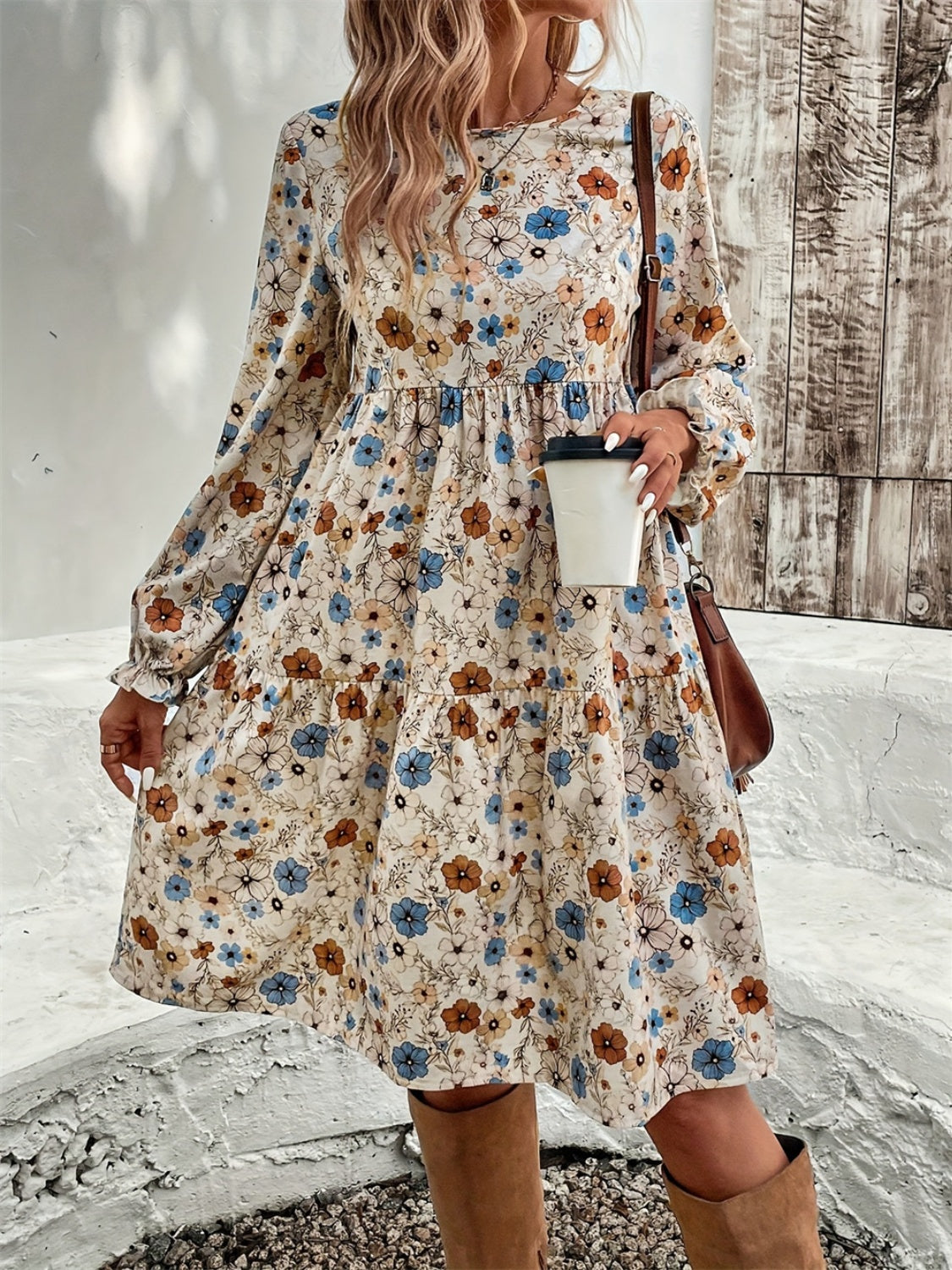 Blue Zone Planet | Ruffled Printed Round Neck Long Sleeve Dress-TOPS / DRESSES-[Adult]-[Female]-2022 Online Blue Zone Planet