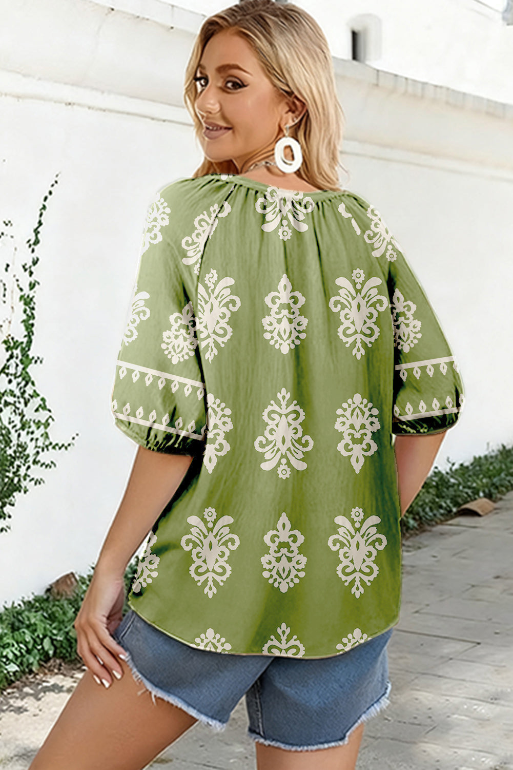 Green Boho Chic Notched V Neck Plus Floral Short Sleeve Top-Plus Size/Plus Size Tops/Plus Size Blouses & Shirts-[Adult]-[Female]-2022 Online Blue Zone Planet