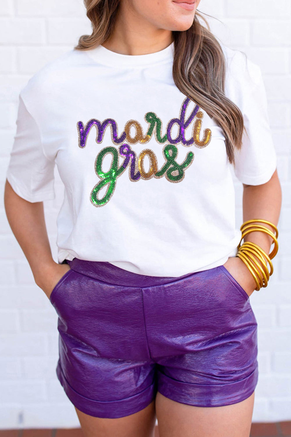 Blue Zone Planet | White Sequin mardi gras Letter Print Crewneck Tee-Graphic Tees-[Adult]-[Female]-2022 Online Blue Zone Planet