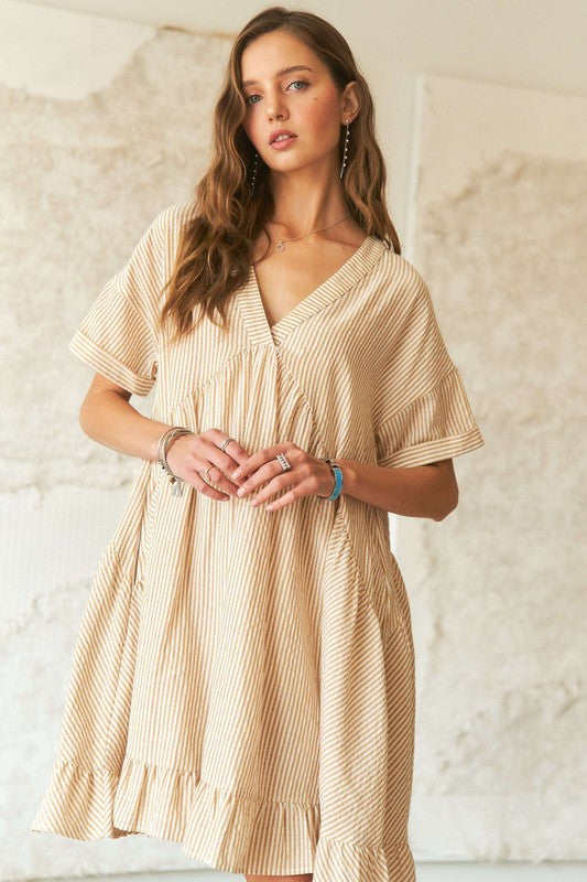 ADORA Ruffled Hem Striped V-Neck Babydoll Dress-TOPS / DRESSES-[Adult]-[Female]-2022 Online Blue Zone Planet