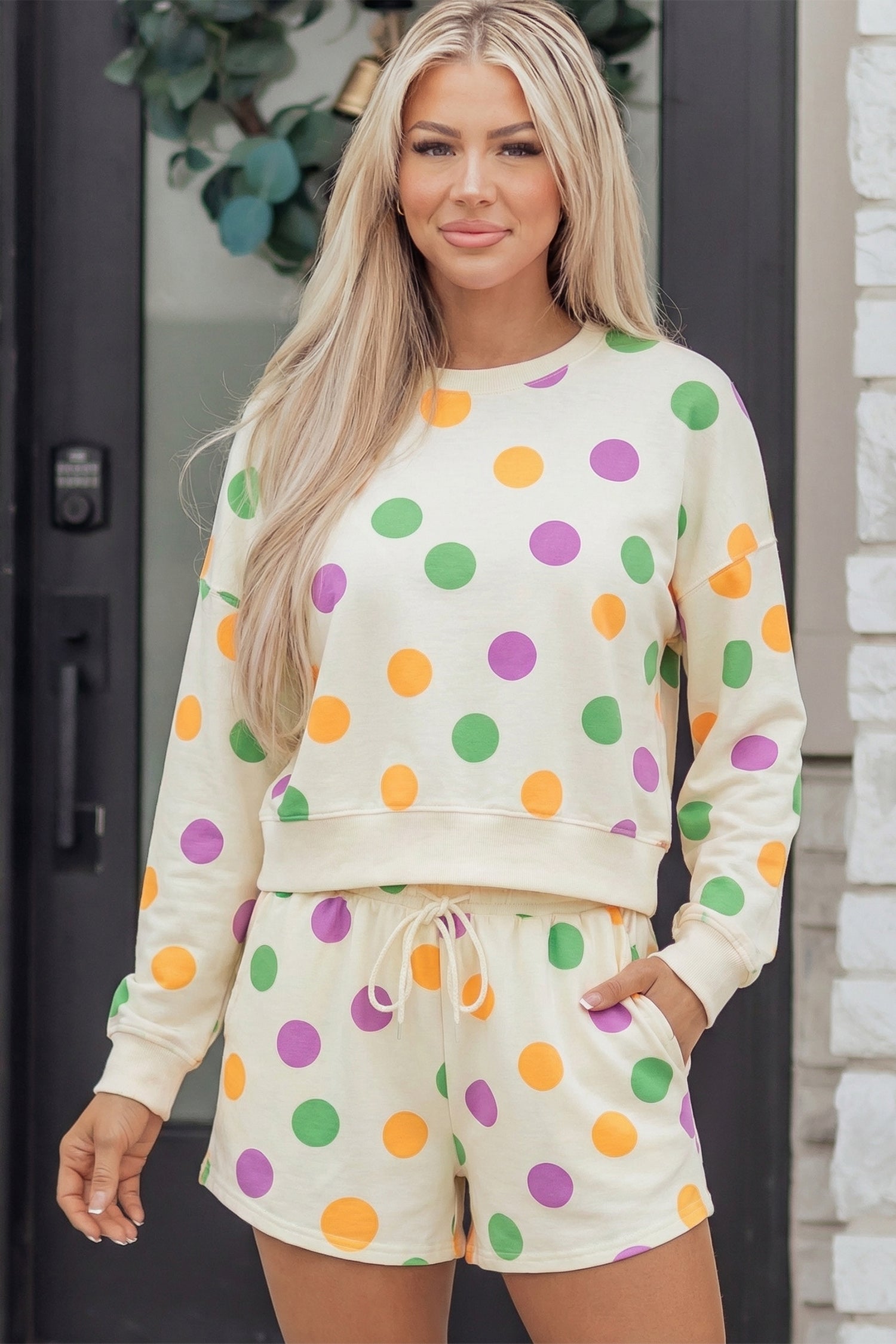 Multicolour Polka Dot Print Drop Shoulder Pullover Drawstring Shorts Set-Two Piece Sets/Short Sets-[Adult]-[Female]-2022 Online Blue Zone Planet