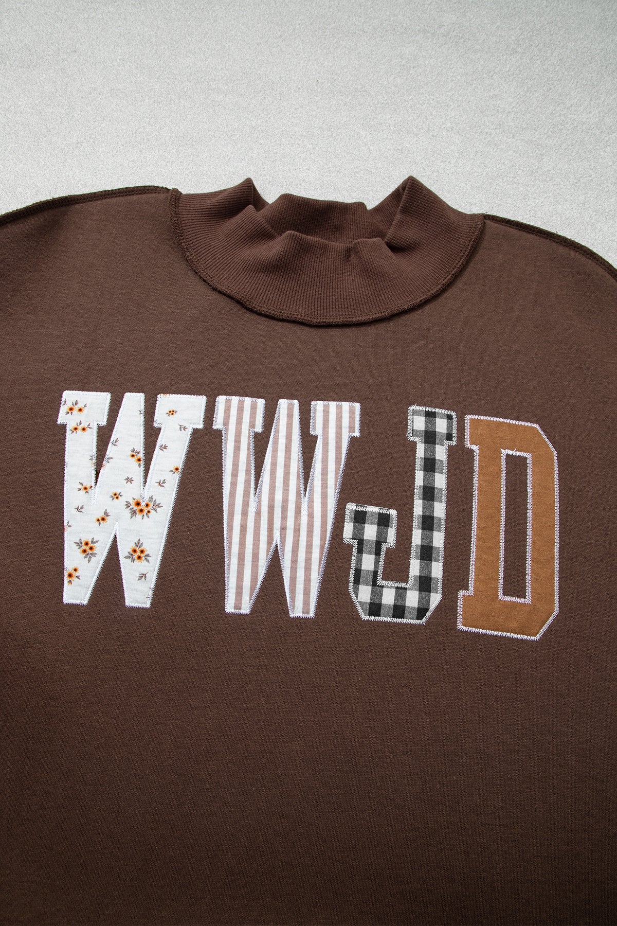 Coffee WWJD Mix Pattern Letter Graphic Exposed Seam Loose Plus Size Sweatshirt-Plus Size/Plus Size Sweatshirts & Hoodies-[Adult]-[Female]-2022 Online Blue Zone Planet