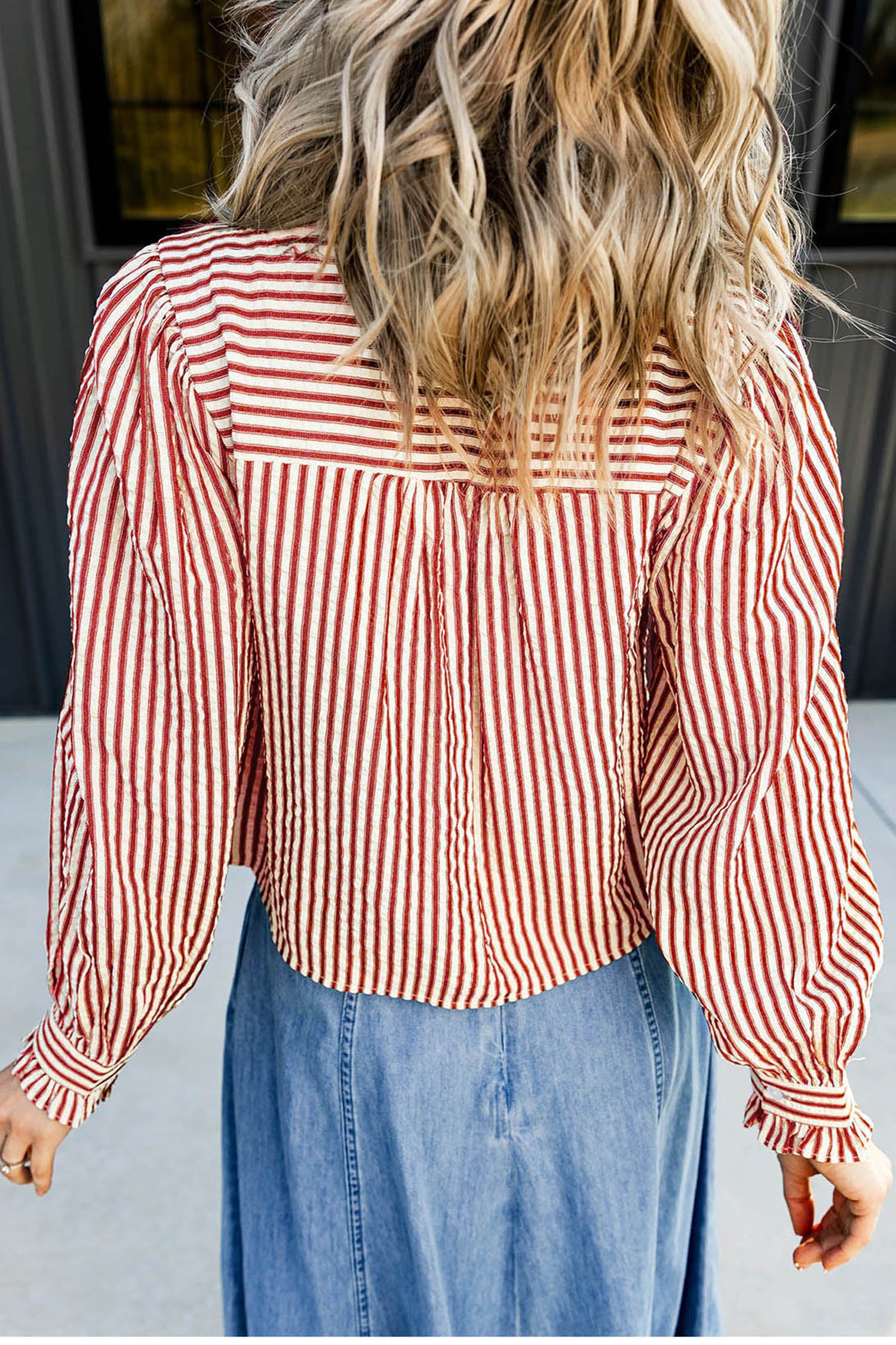 Red Stripe Textured Ruffle Trim Button-Up Long Sleeve Shirt-Tops/Blouses & Shirts-[Adult]-[Female]-2022 Online Blue Zone Planet