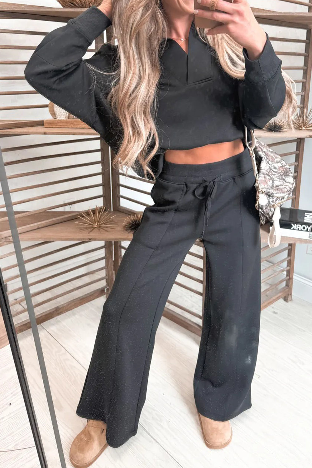 Bristol Black Collared V Neck Pullover Sweatshirt Sweatpants Set-Two Piece Sets/Pant Sets-[Adult]-[Female]-Bristol Black-S-2022 Online Blue Zone Planet