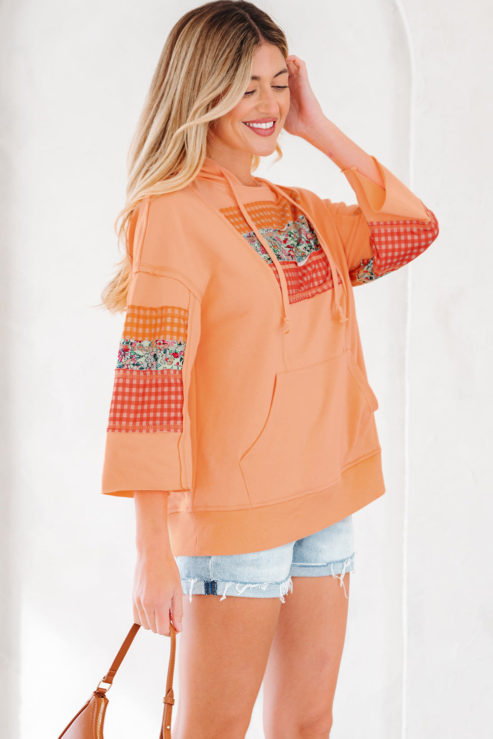 Grapefruit Orange Plaid Floral Patchwork Kangaroo Pocket Hooded Long Sleeve Top-Tops / Dresses-[Adult]-[Female]-2022 Online Blue Zone Planet