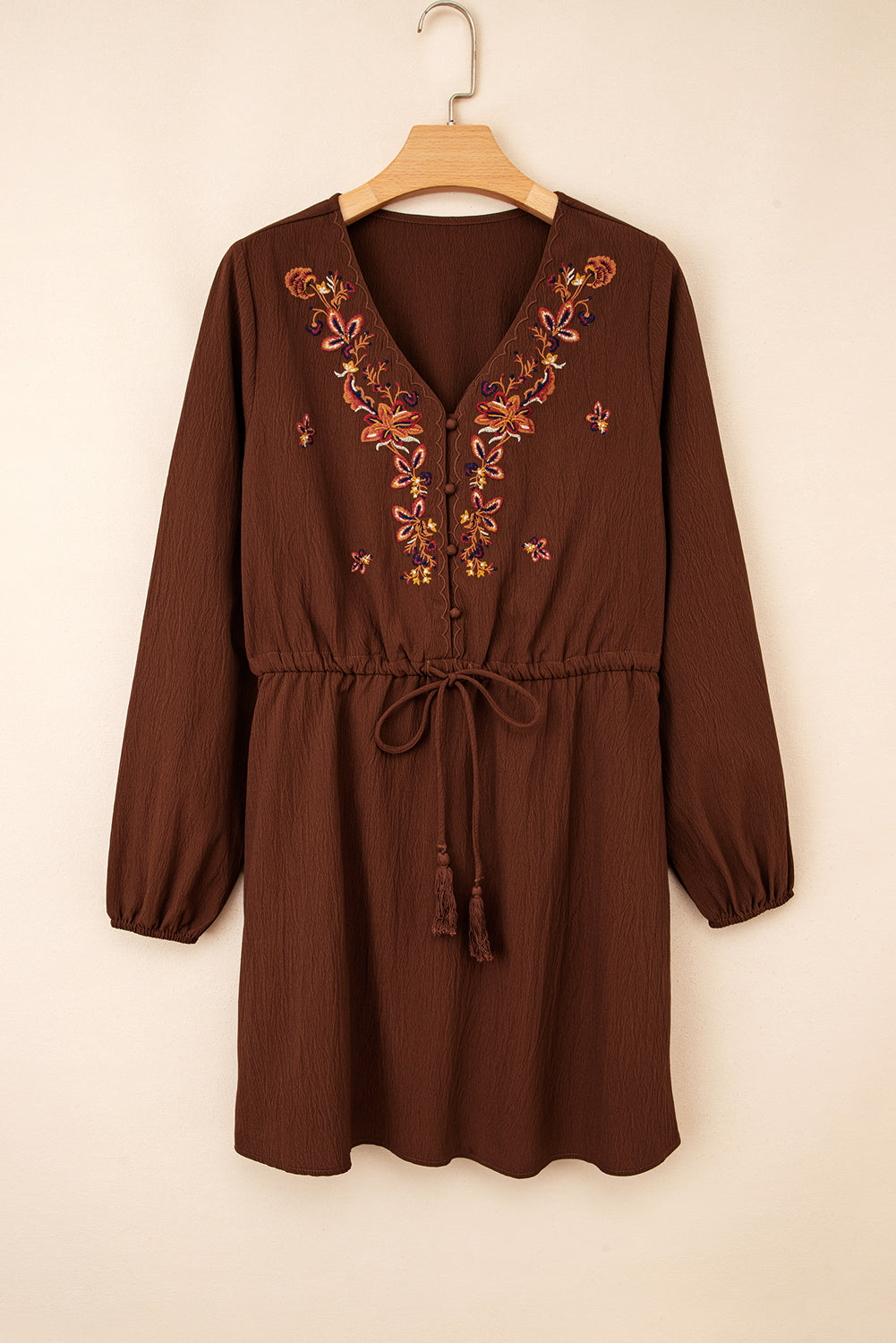 Burgundy Floral Embroidered Tassel Tie Waist Long Sleeve Mini Dress-TOPS / DRESSES-[Adult]-[Female]-2022 Online Blue Zone Planet