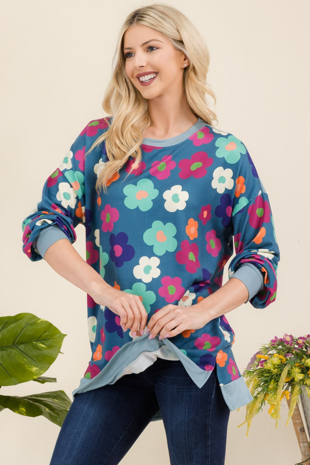 Blue Zone Planet | Celeste Full Size Side Slit Flower Print Long Sleeve Top-TOPS / DRESSES-[Adult]-[Female]-Teal Floral-S-2022 Online Blue Zone Planet