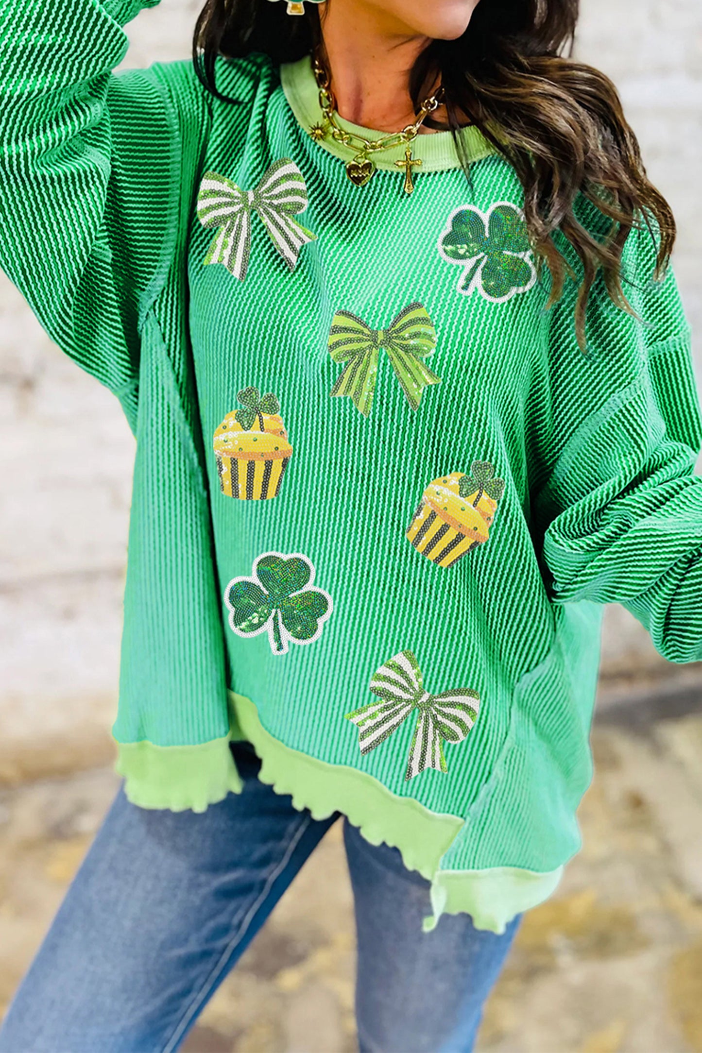 Bright Green Twisted Rib St Patricks Day Sequin Patch Graphic Long Sleeve Top-Graphic/Graphic Long Sleeve Tees-[Adult]-[Female]-2022 Online Blue Zone Planet