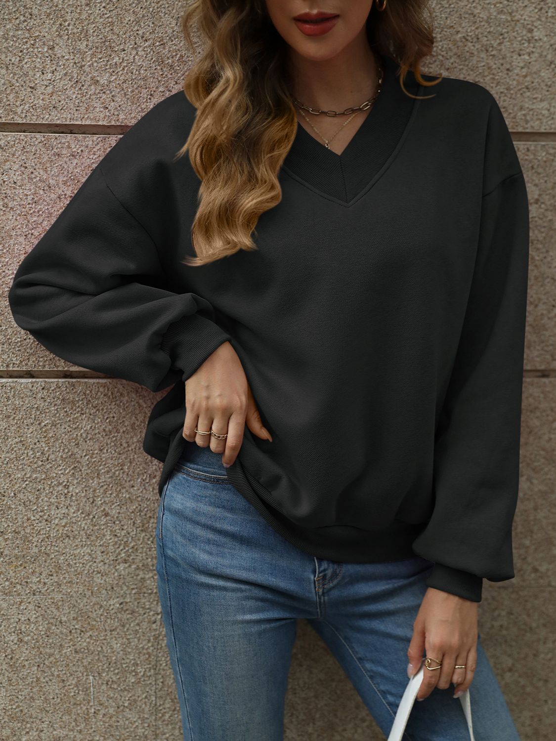 V-Neck Long Sleeve Dropped Shoulder Sweatshirt-TOPS / DRESSES-[Adult]-[Female]-Black-S-2022 Online Blue Zone Planet