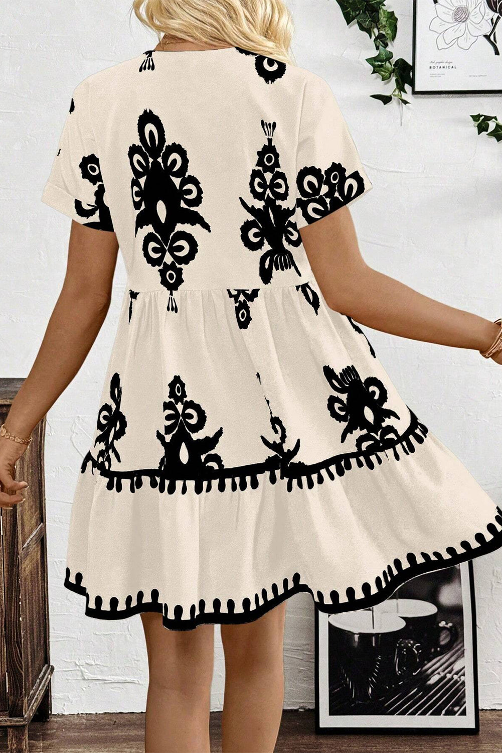 Black Vintage Print V Neck High Waist Short Sleeve Dress-Dresses/Mini Dresses-[Adult]-[Female]-2022 Online Blue Zone Planet