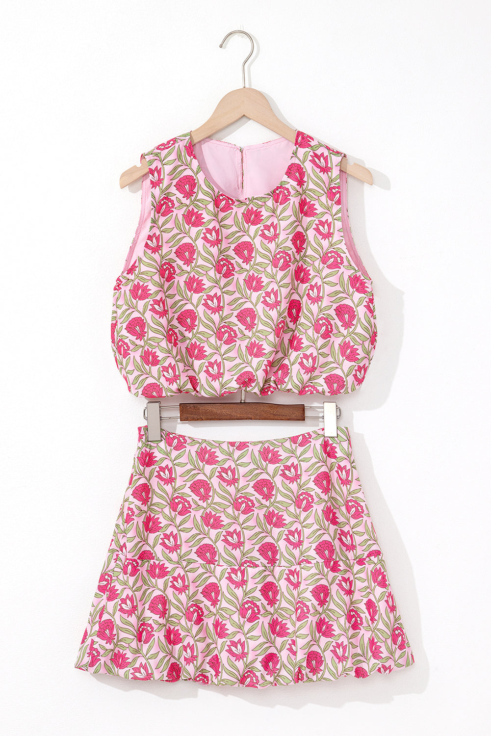 Pink Floral Print Puffy Cropped Tank and Mini Skirt Set-Two Piece Sets/Two Piece Dresses-[Adult]-[Female]-2022 Online Blue Zone Planet