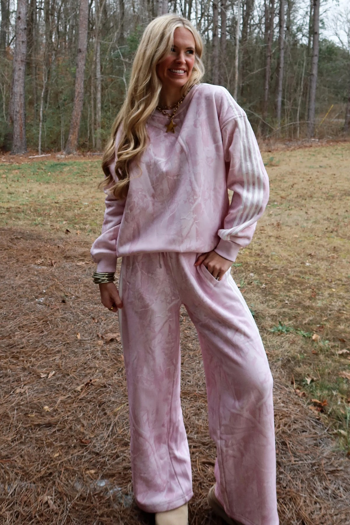 Pink Abstract Print Side Stripe Detail Long Sleeve Top Loose Pants Set