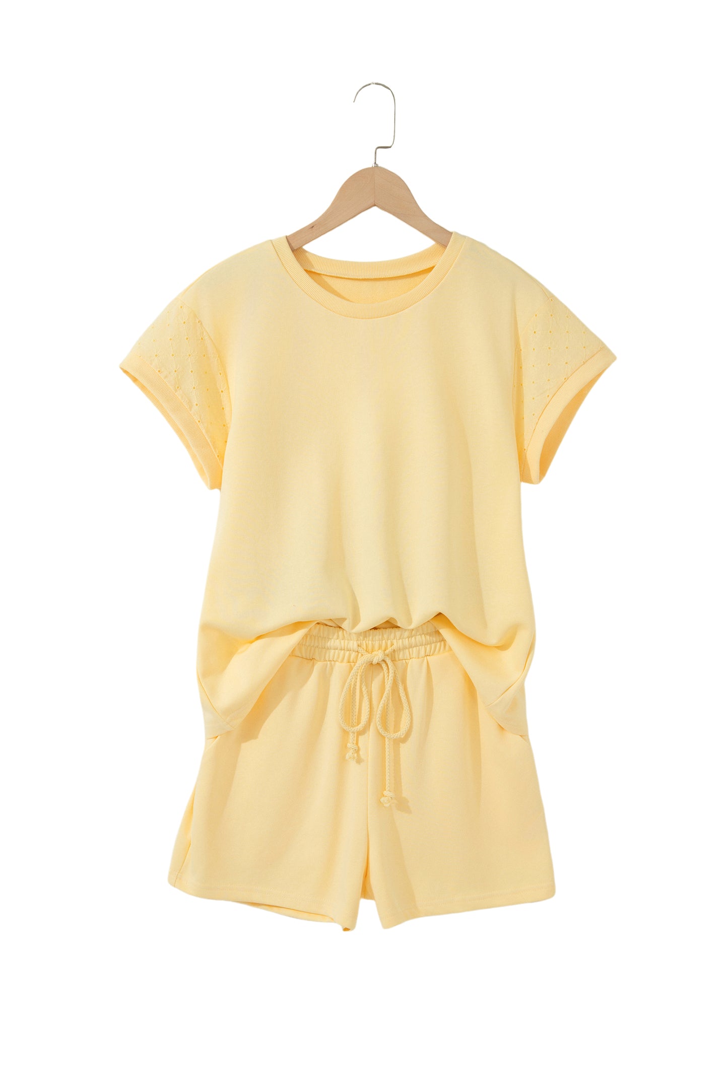 Yellow Eyelet Lace Patchwork Sleeve Short 2pcs Outfit-Two Piece Sets/Short Sets-[Adult]-[Female]-2022 Online Blue Zone Planet