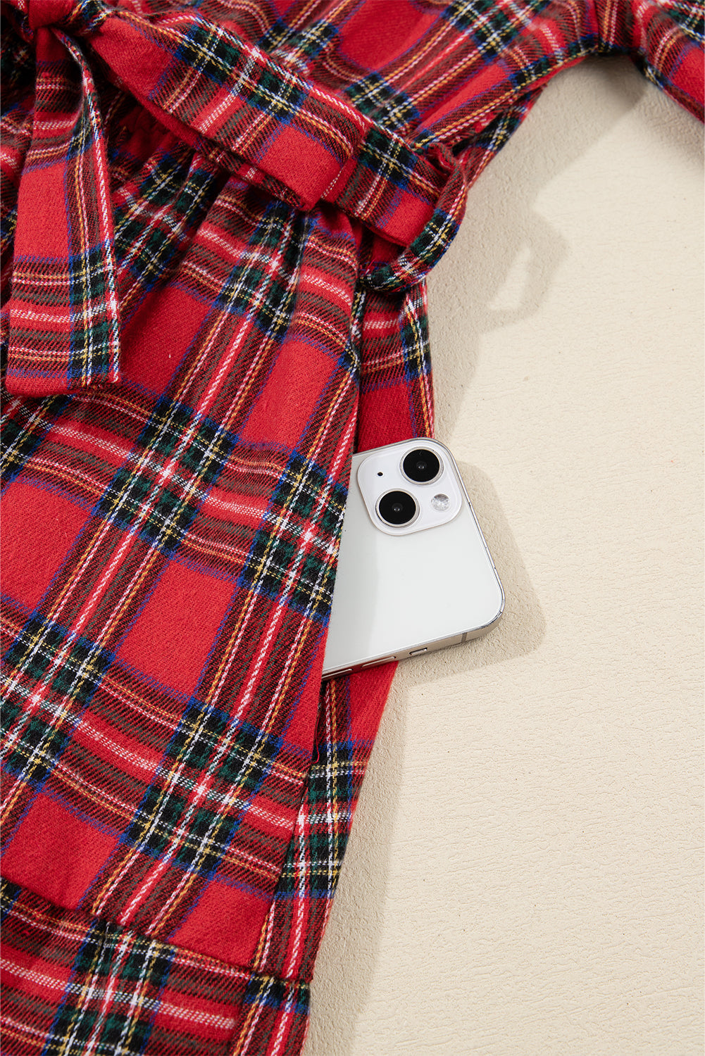 Red Christmas Plaid V Neck 3/4 Sleeve Tie Waist Ruffle Hem Long Dress-TOPS / DRESSES-[Adult]-[Female]-2022 Online Blue Zone Planet