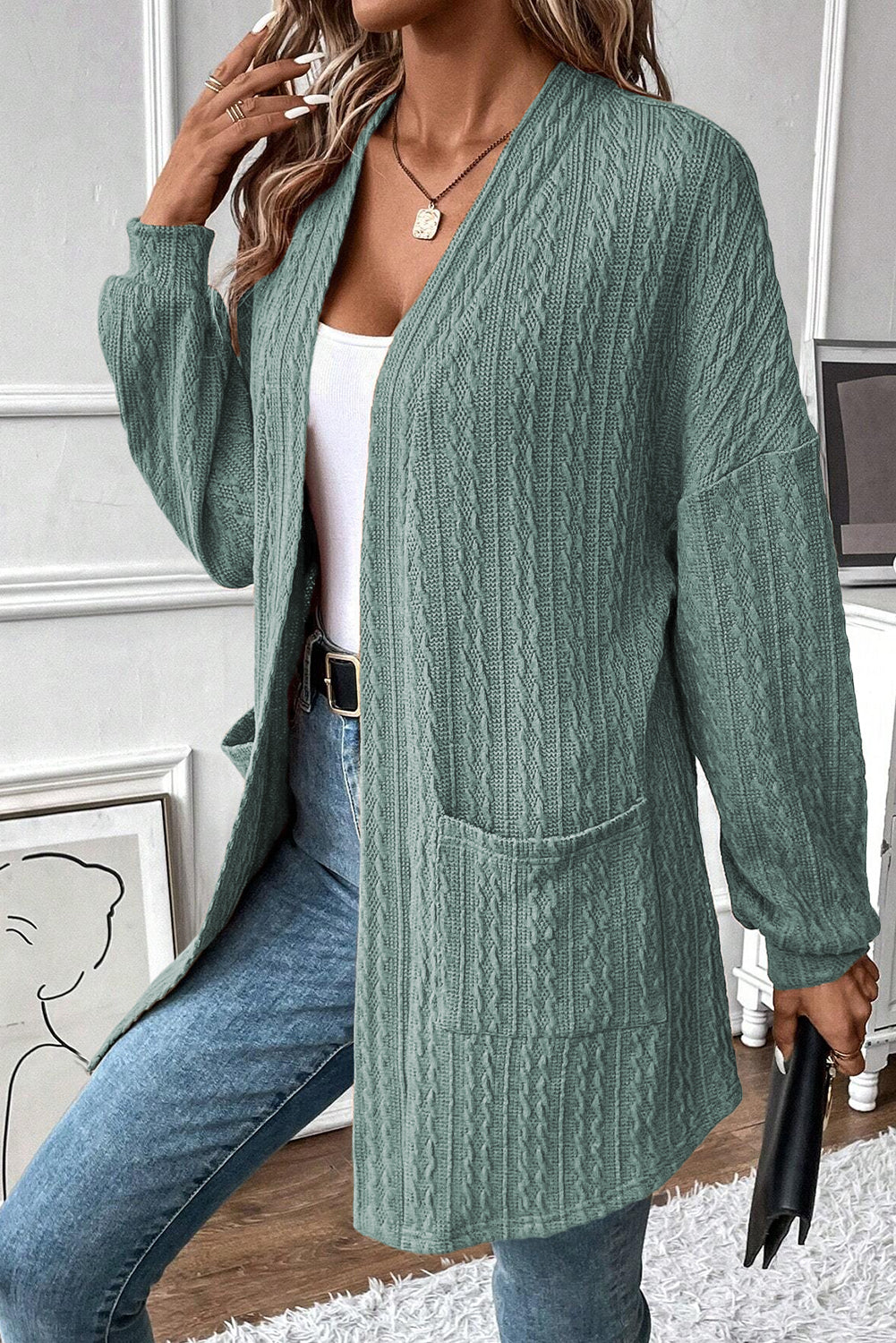 Canton Textured Knit Side Pockets Open Front Cardigan-Sweaters & Cardigans/Cardigans-[Adult]-[Female]-2022 Online Blue Zone Planet