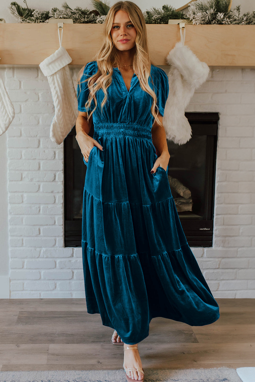 Prussian Blue Velvet Short Sleeve Shirred Waist Tiered Maxi Dress-Dresses/Maxi Dresses-[Adult]-[Female]-2022 Online Blue Zone Planet