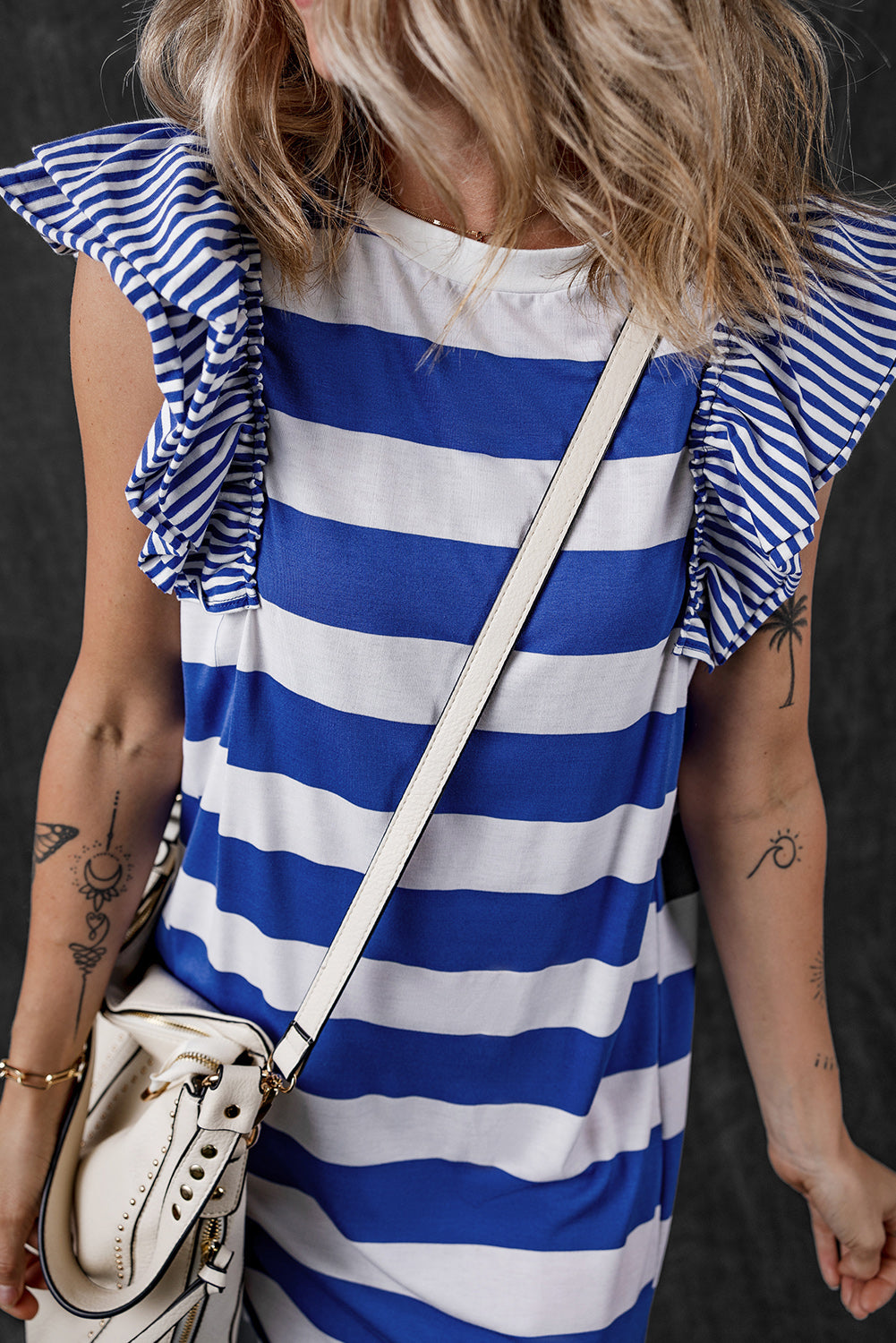 Blue Zone Planet | Black Stripe Contrast Ruffled Sleeve T-shirt Dress-TOPS / DRESSES-[Adult]-[Female]-2022 Online Blue Zone Planet