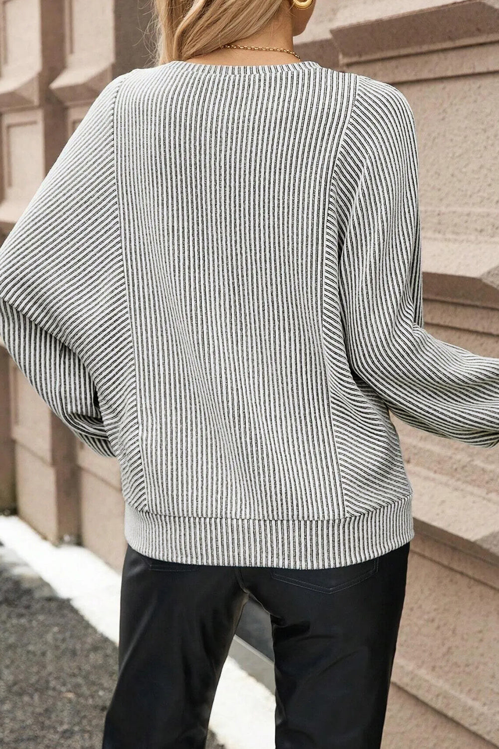 Gray Ribbed Knit Round Neck Long Lantern Sleeve Top-Tops/Long Sleeve Tops-[Adult]-[Female]-2022 Online Blue Zone Planet