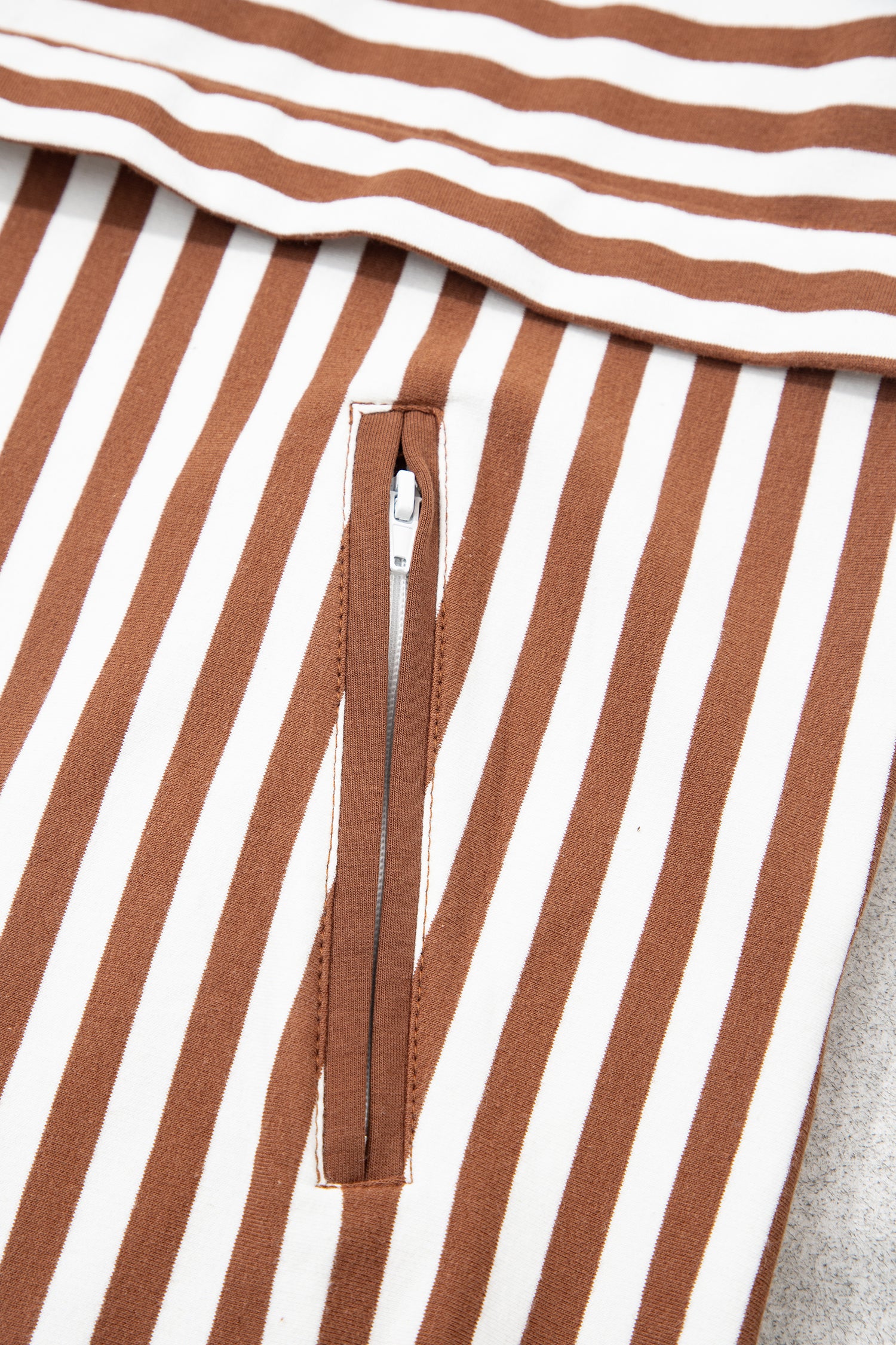 Brown Stripe Color Block Patchwork Quarter Zip Pullover Sporty Shorts Set-Two Piece Sets/Short Sets-[Adult]-[Female]-2022 Online Blue Zone Planet