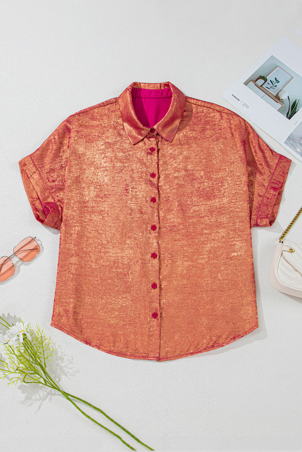Rose Red Plus Size Metallic Sheen Short Sleeve Button Up Shirt-Plus Size/Plus Size Tops/Plus Size Blouses & Shirts-[Adult]-[Female]-2022 Online Blue Zone Planet