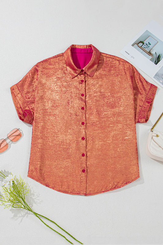 Rose Red Plus Size Metallic Sheen Short Sleeve Button Up Shirt-Plus Size/Plus Size Tops/Plus Size Blouses & Shirts-[Adult]-[Female]-2022 Online Blue Zone Planet