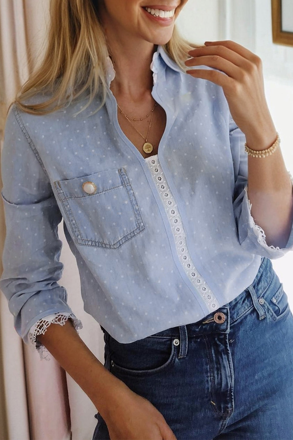 Beau Blue Lace Trim Patchwork Dotted Print Collared Denim Blouse-Tops/Blouses & Shirts-[Adult]-[Female]-2022 Online Blue Zone Planet