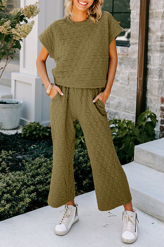 Sage Green Quilted Short Sleeve Wide Leg Pants Set-Two Piece Sets/Pant Sets-[Adult]-[Female]-Sage Green-S-2022 Online Blue Zone Planet