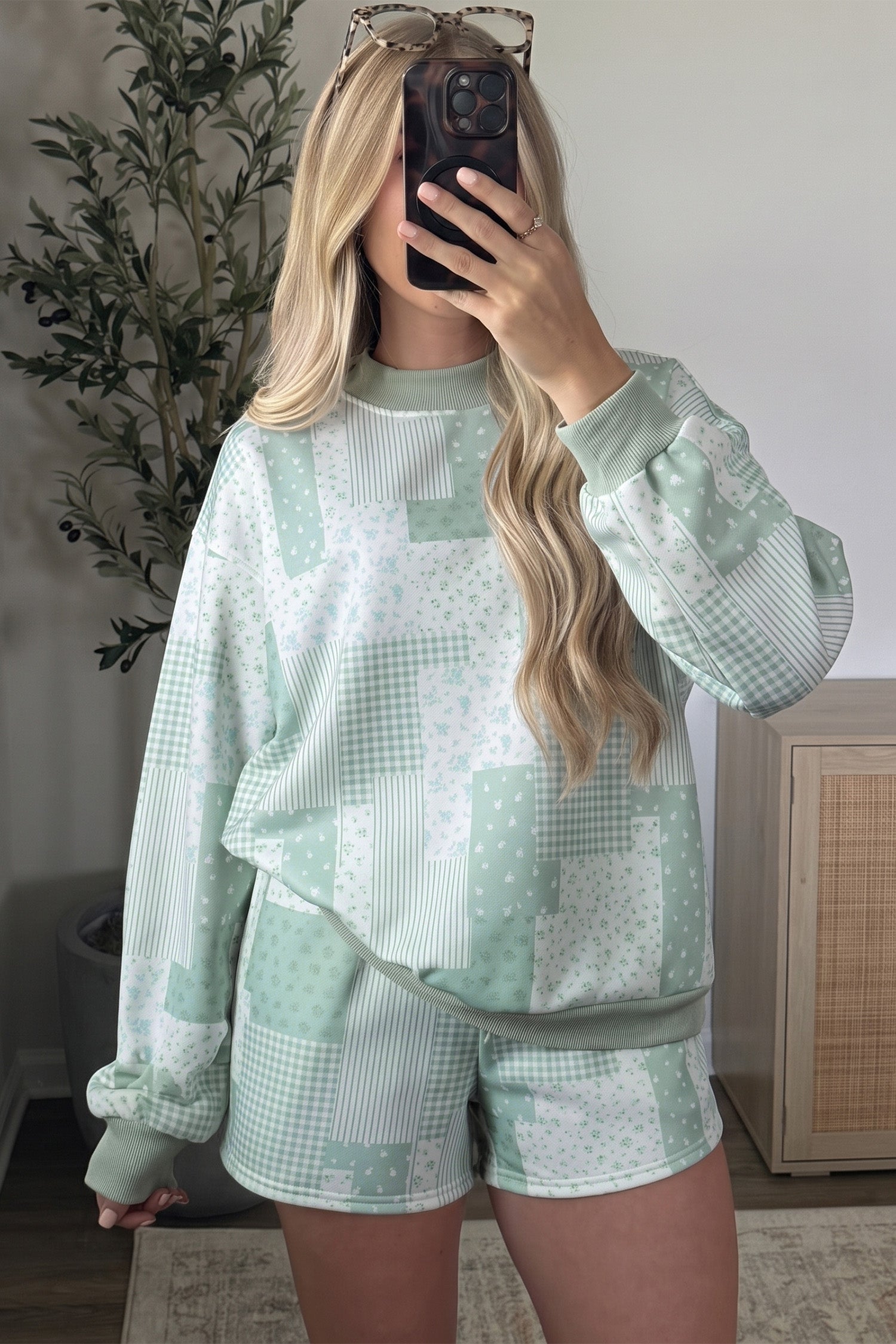 Green Patchwork Floral Print Drop Shoulder Baggy Pullover Drawstring Shorts Set-Two Piece Sets/Short Sets-[Adult]-[Female]-2022 Online Blue Zone Planet